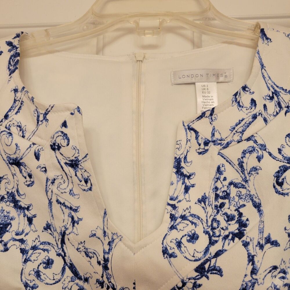 London Times Women's Size 2 Blue White Floral Damask Sleeveless Sheath Dress - Picture 4 of 9